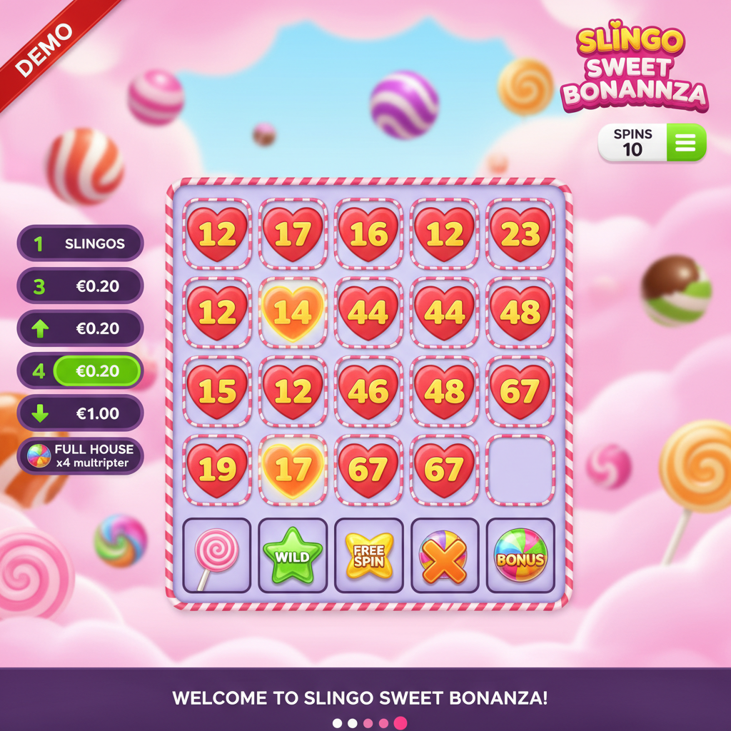 Slingo Sweet Bonanza 5x5 bingo grid with candy hearts, lollipops, and colorful swirl candies on pink cotton candy clouds background