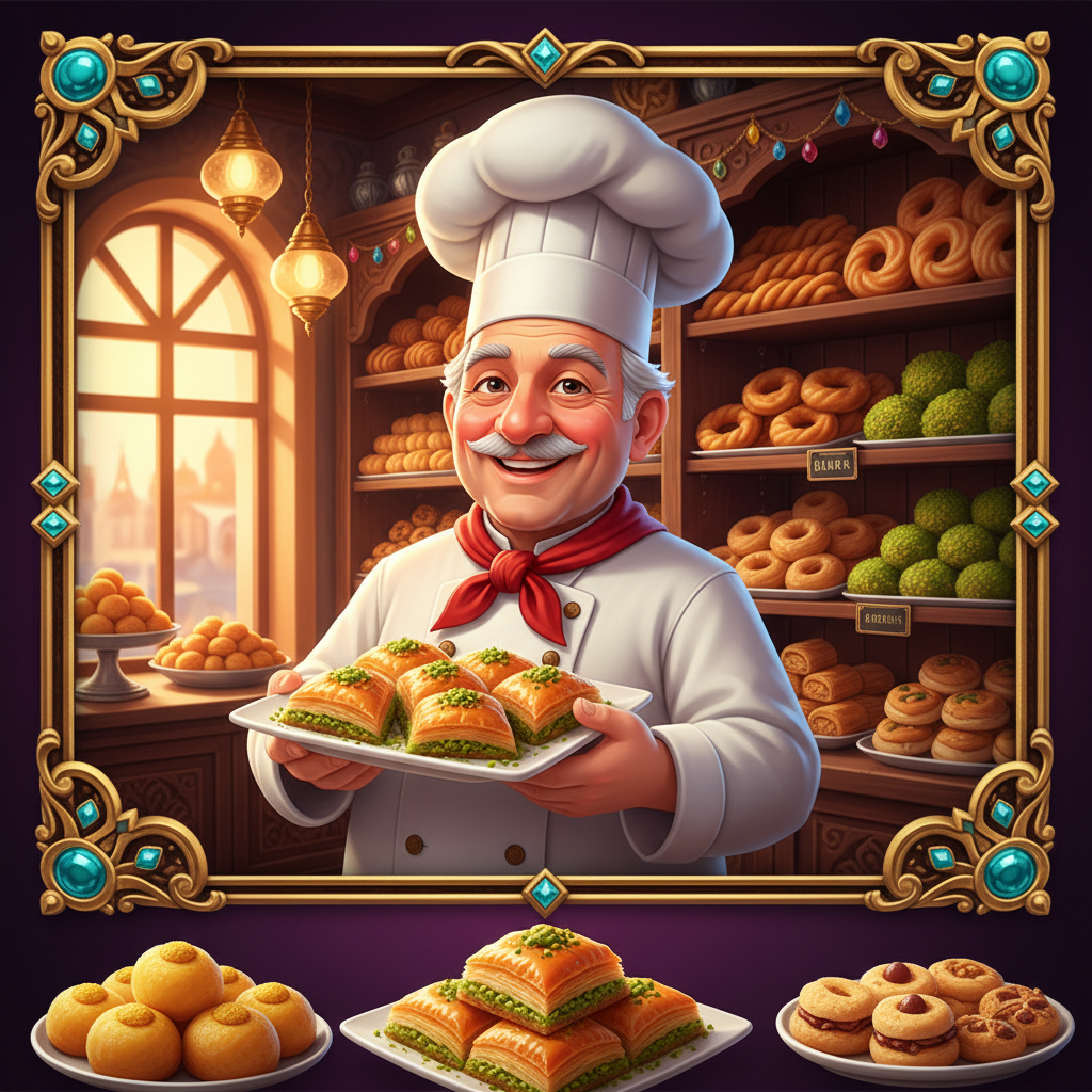 Sweet Baklava slot game featuring a friendly Turkish chef character in white uniform holding a plate of golden layered baklava pastries with pistachio toppings against a warm bakery interior with decorative golden frame