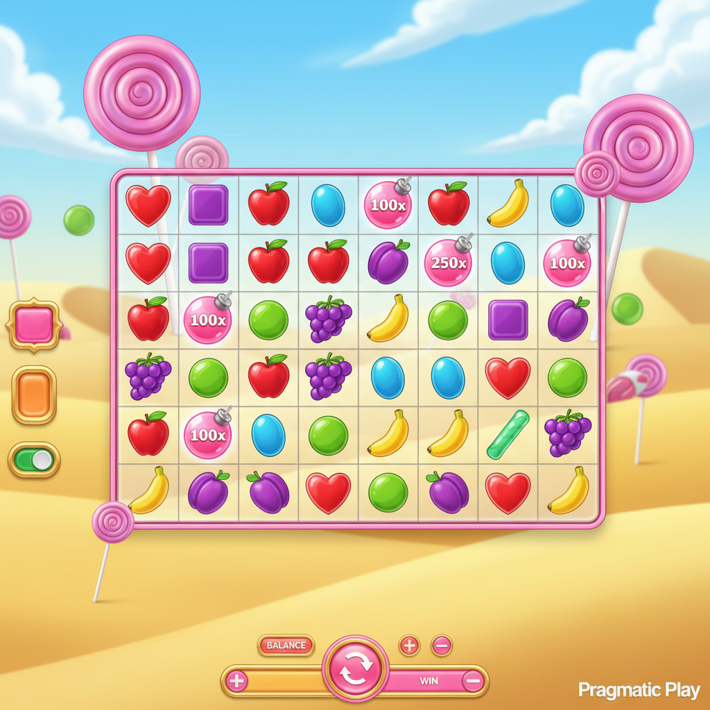 Sweet Bonanza 1000 slot game showing 6x5 grid with colorful candy symbols, fruits, spiral lollipops and multiplier bombs on sky and desert background