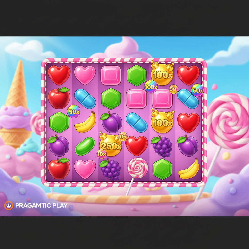 Sweet Bonanza 2500 slot game showing candy symbols, multiplier bombs with 2500x values, and colourful lollipop scatters on a 6x5 grid