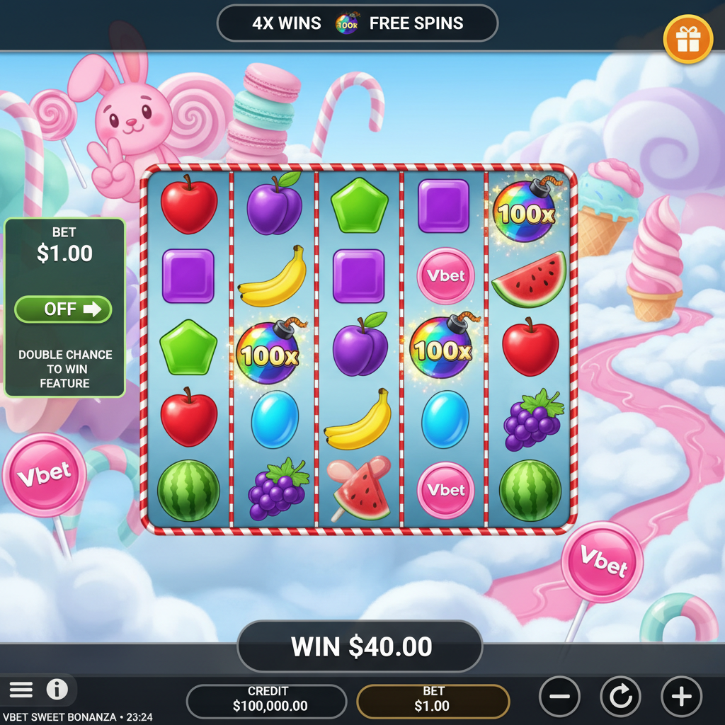 Sweet Bonanza slot 6x4 grid with colourful candy symbols, heart candy, purple square, pink lollipop scatters, rainbow multiplier bombs, bananas and grapes on pastel pink and blue candy clouds background