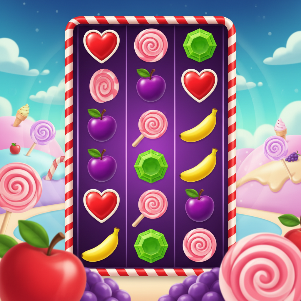Sweet Bonanza slot game showing candy-striped reels filled with colourful fruit symbols, spiral lollipops, heart candies, bananas, grapes and purple plums against pastel candy hills background