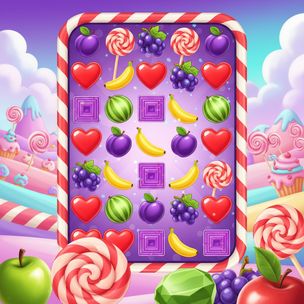 Sweet Bonanza slot game showing purple candy reels filled with colorful lollipop scatters, heart candies, bananas, grapes, and fruit symbols on whimsical candy landscape background