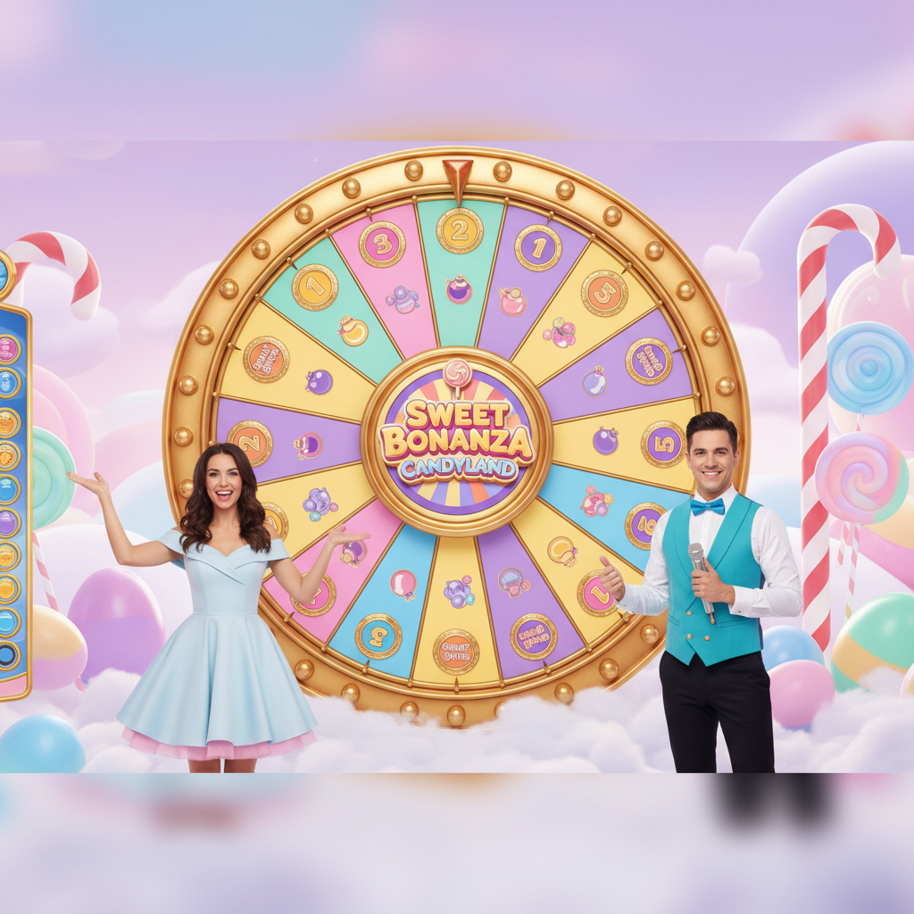Sweet Bonanza CandyLand live casino game show with giant spinning wheel, candy-themed studio, pastel pink and purple segments, lollipops, and two live presenters in candy costumes