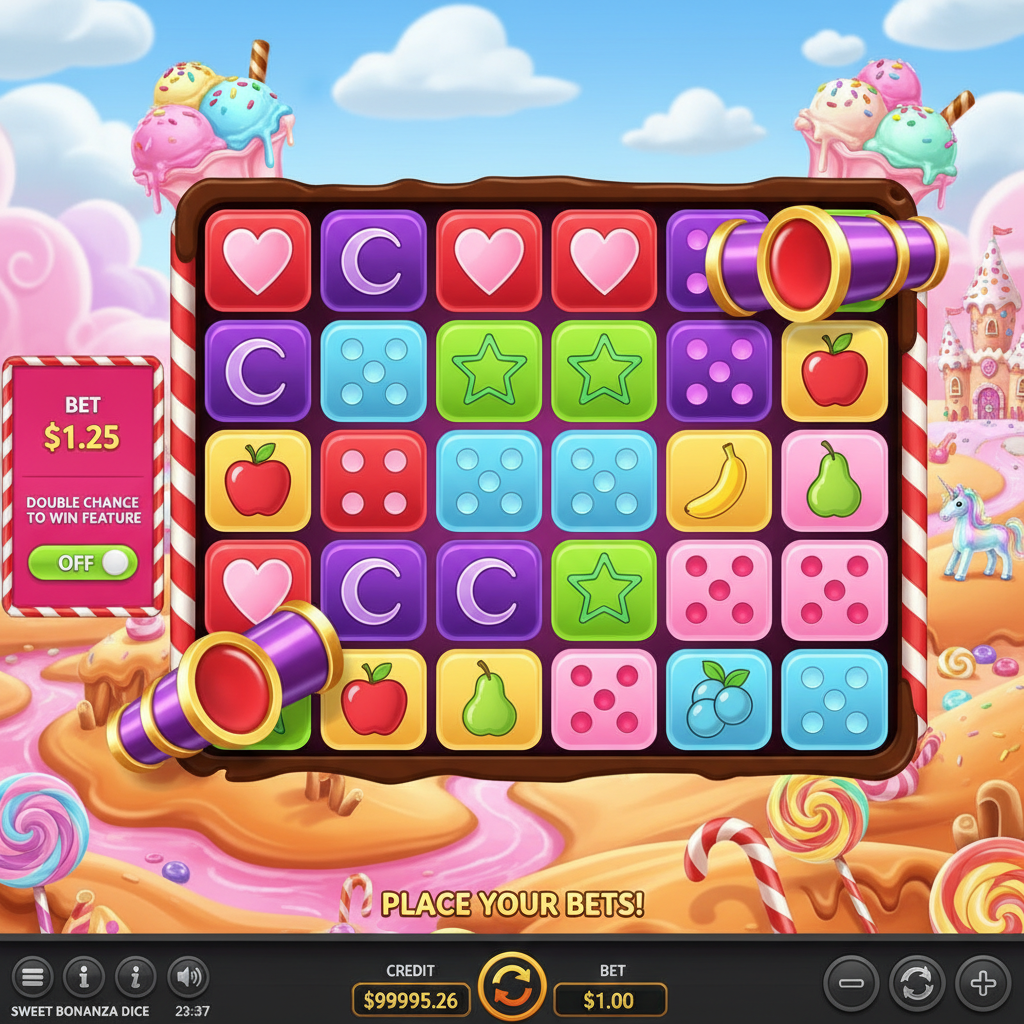 Sweet Bonanza Dice slot game featuring 6x5 grid with colourful candy-themed dice symbols including hearts, moons, stars and fruit icons surrounded by candy cane poles and ice cream decorations