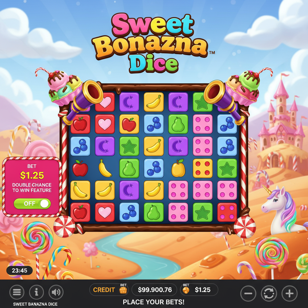 Sweet Bonanza Dice slot game showing 6x5 grid with colorful dice symbols including hearts, moons, stars, fruits against candy landscape with lollipops and castle
