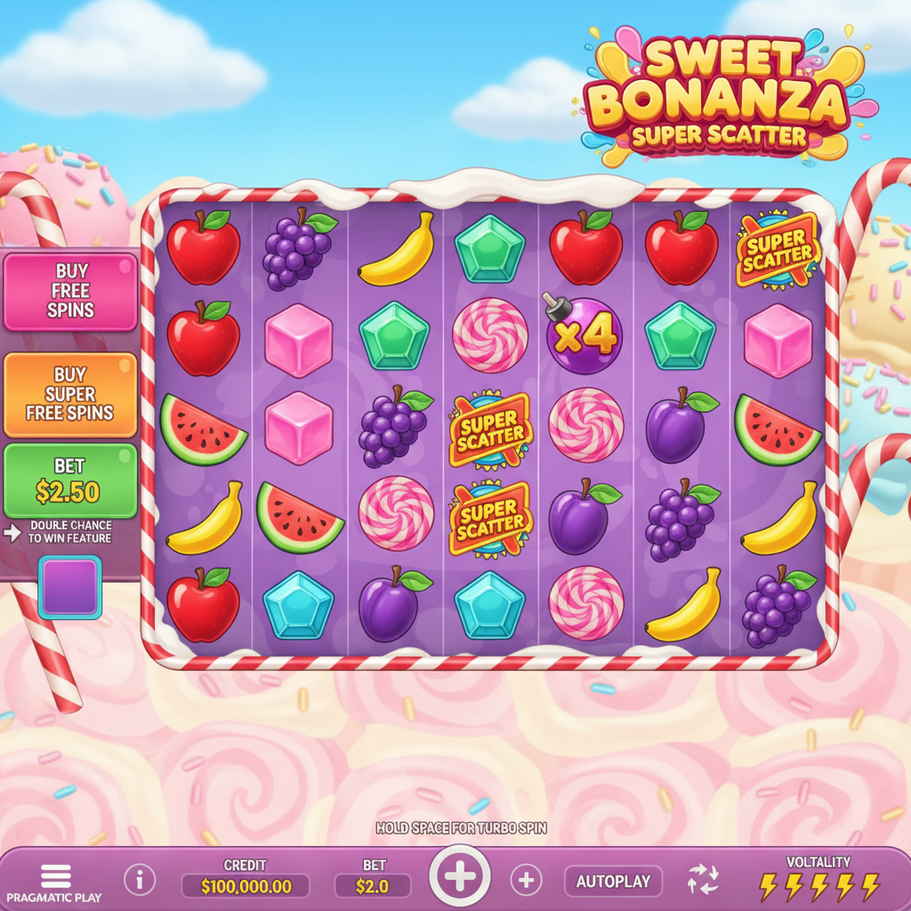 Sweet Bonanza Super Scatter slot game featuring lollipop scatters, multiplier bombs, red hearts, pink cubes, green pentagons, and fruit symbols on a 6x5 candy-themed grid