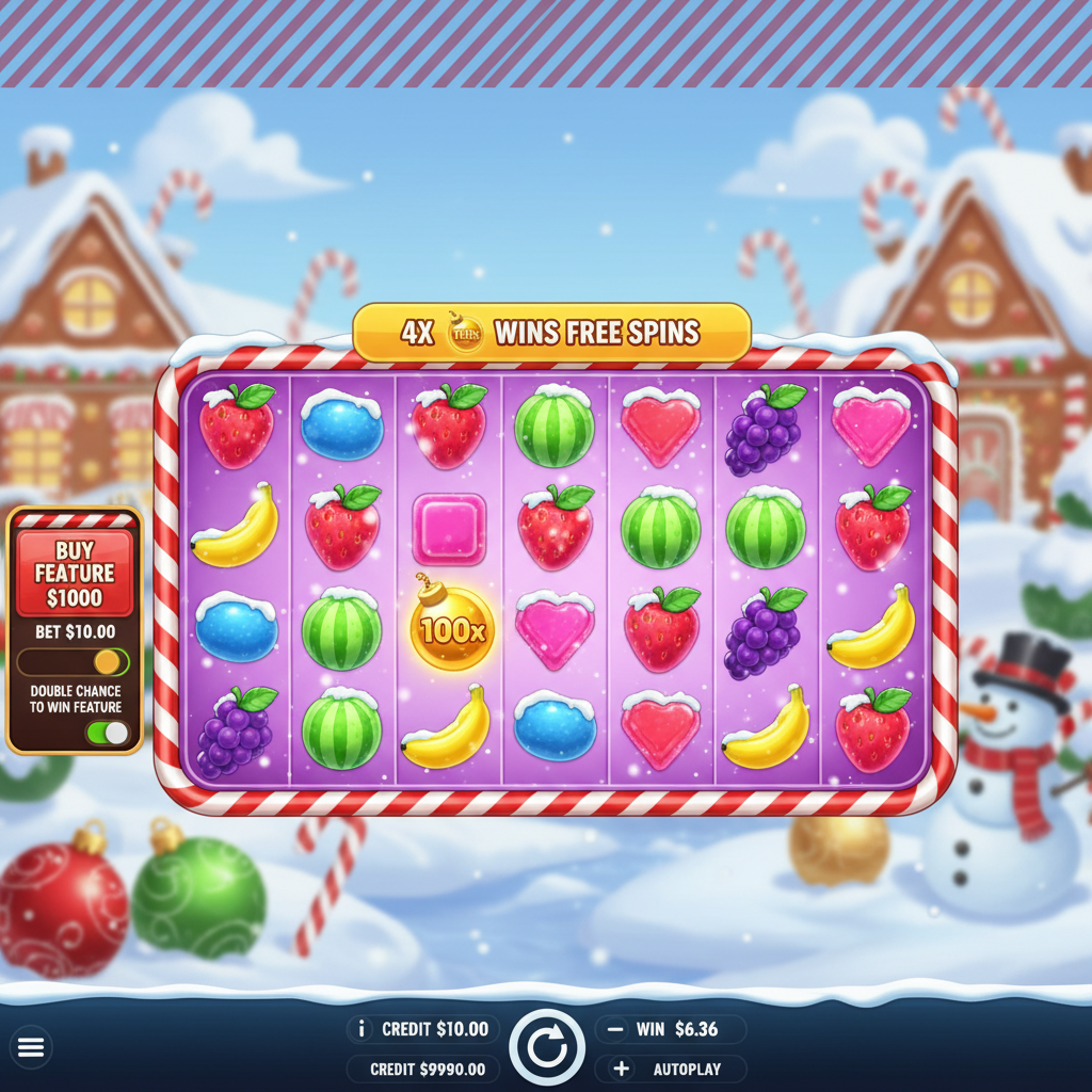 Sweet Bonanza Xmas slot game showing snowy Christmas candy land with 6x5 grid, heart candies, lollipop scatters, gold multiplier bombs, and festive winter decorations