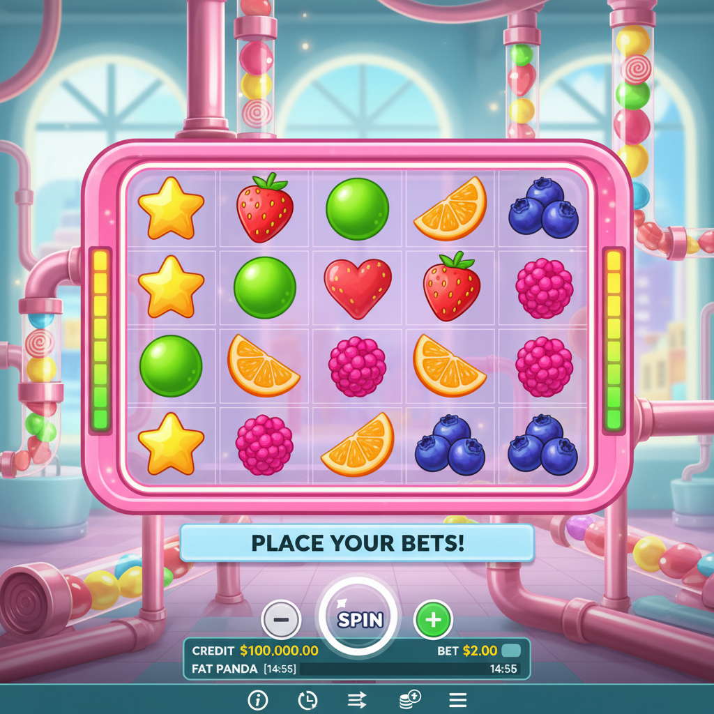 Sweet Burst slot game showing candy factory laboratory with pink pipes, colorful fruit symbols including star, lime, strawberry, orange, raspberry and blueberry on 4x5 grid