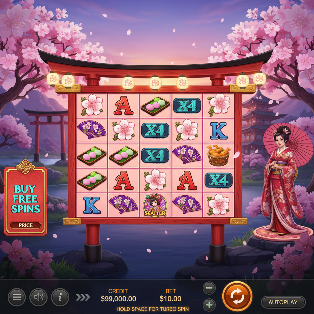 Sweet Cherry Blossom slot game showing 7x7 grid with pink cherry blossom symbols, traditional Japanese torii gate frame, and geisha character in kimono with parasol