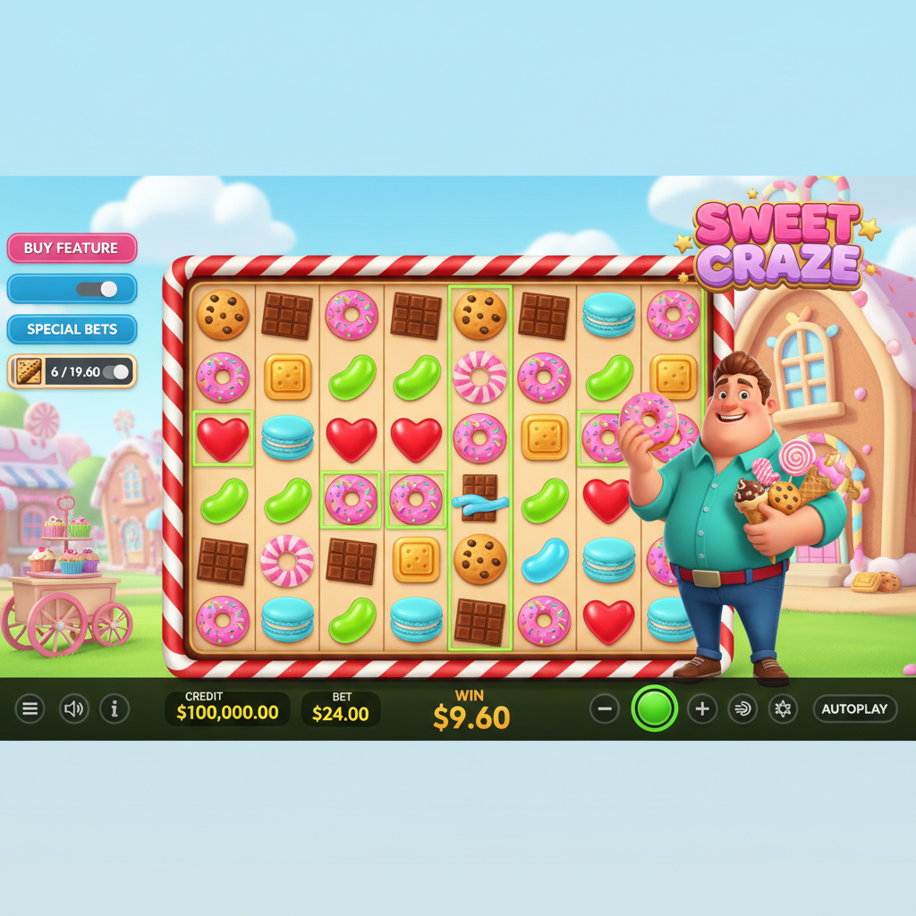 Sweet Craze slot 7x7 candy grid with cookie, donut, chocolate bar, macaron symbols in vibrant pink blue yellow colours with cheerful mascot character holding sweets