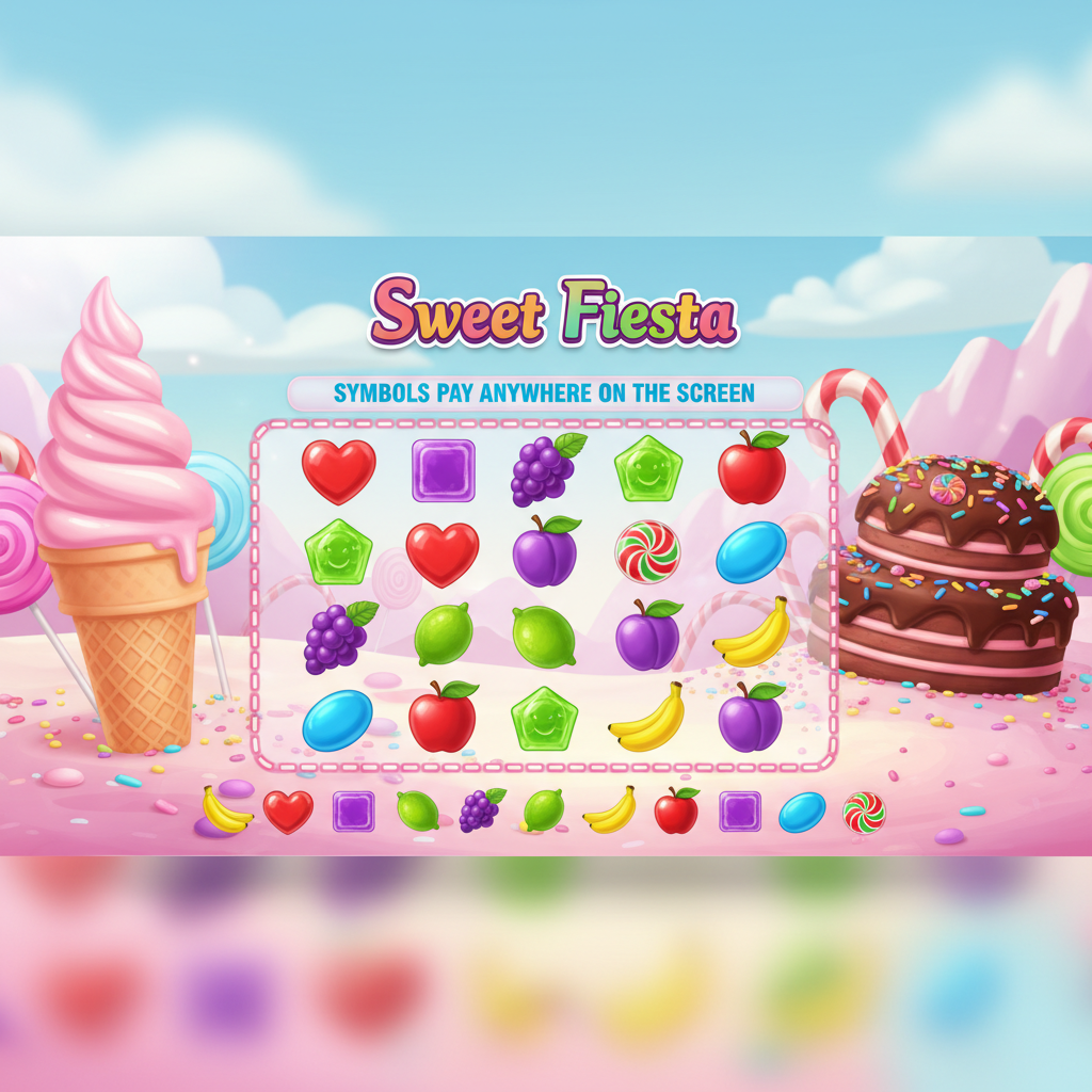 Sweet Fiesta slot game showing 6x5 candy grid with colourful heart, square, and pentagon candy symbols, fruit symbols including grapes and apples on pink bordered reels in whimsical candy land setting