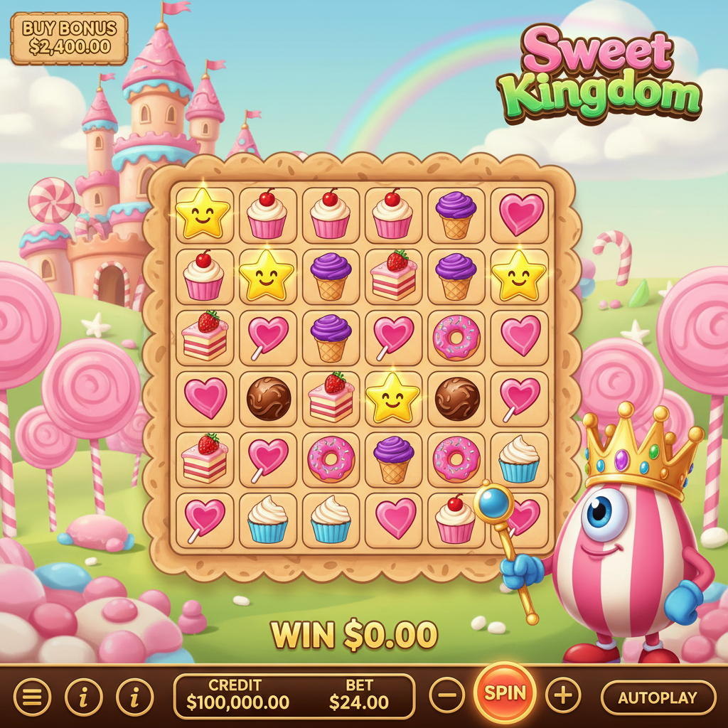 Sweet Kingdom slot by Pragmatic Play showing 7x7 candy grid with cupcakes, lollipops, ice cream, donuts, and golden scatter stars in pastel candy castle world