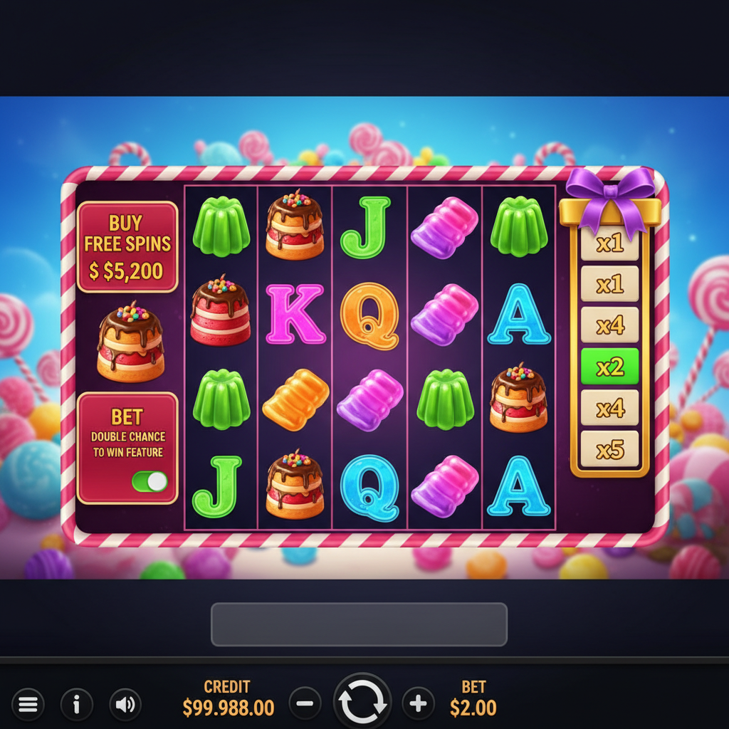 Sweet PowerNudge slot game showing 6x5 candy-themed grid with pink and white swirl lollipops, layered cakes, colourful jellies, and golden multiplier reel with ribbon bow